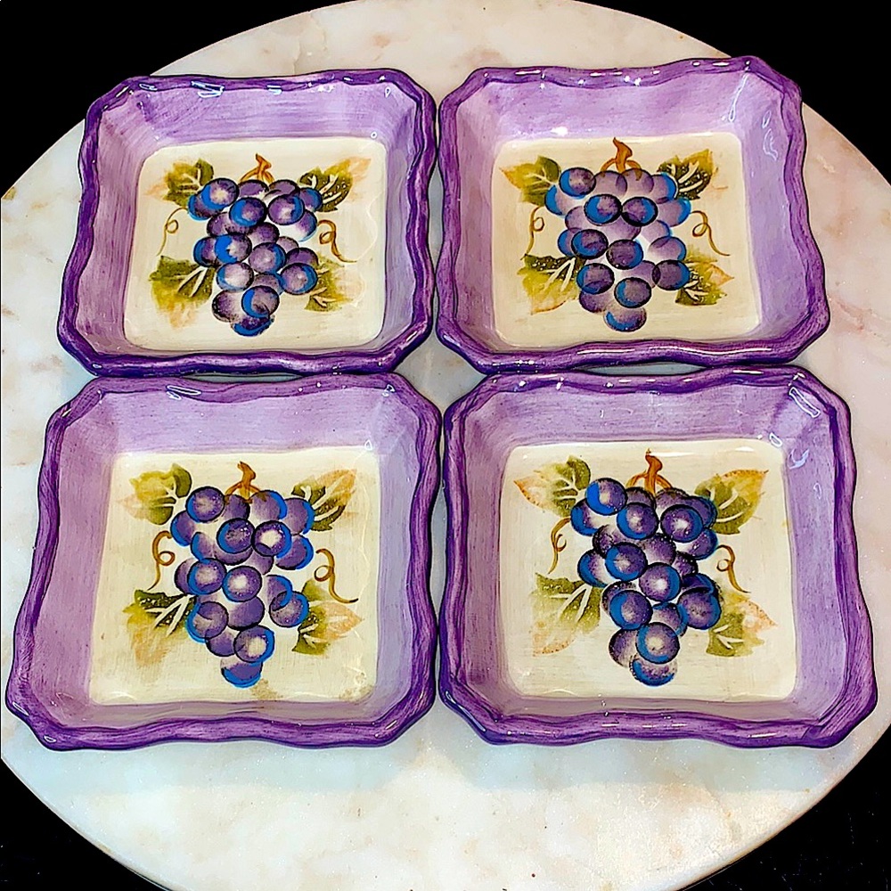 TABLETOPS UNLIMITED MERLOT INDIVIDUAL DIP DISH SET OF 4 GRAPES PURPLE HAND PAINT
